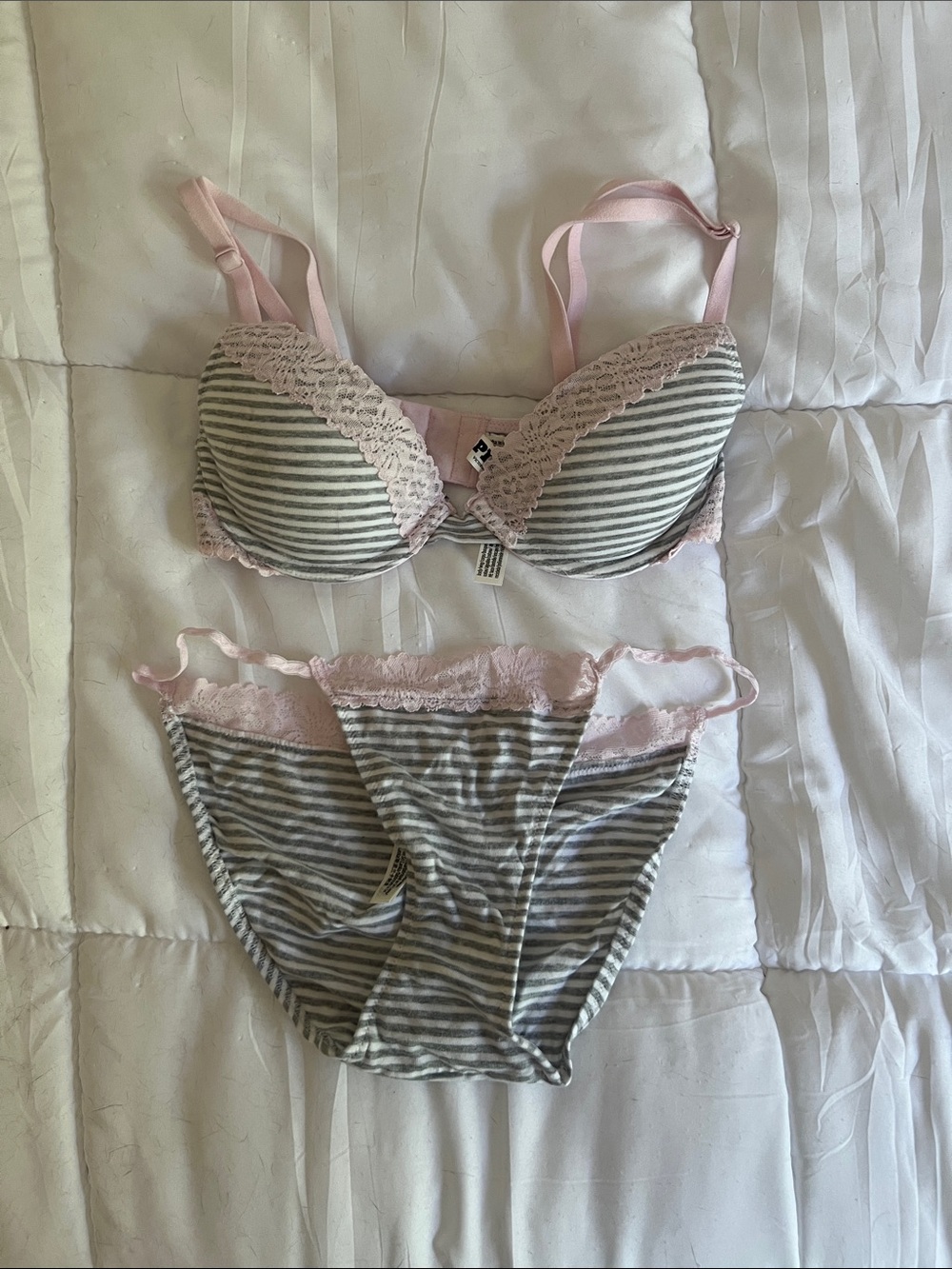 VS Pink Striped Gray & Pink Lace Bra and Panty Set